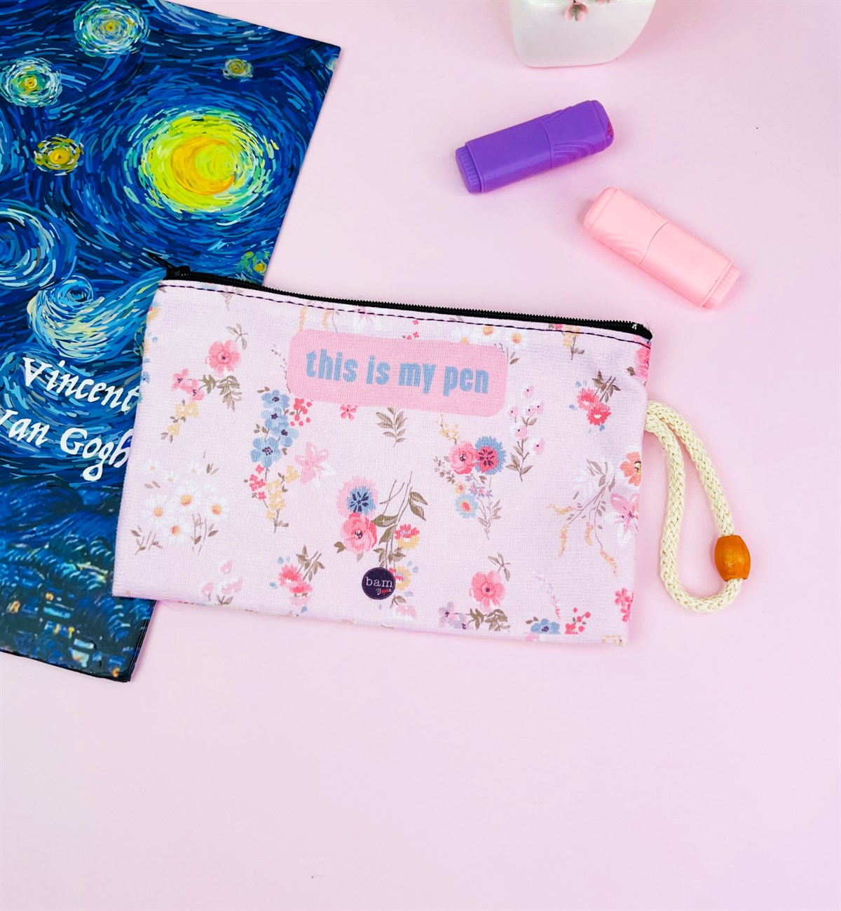 Pembe Çiçek Tasarımlı Bez Kalemlik CüzdangiftmodaGmklm100049