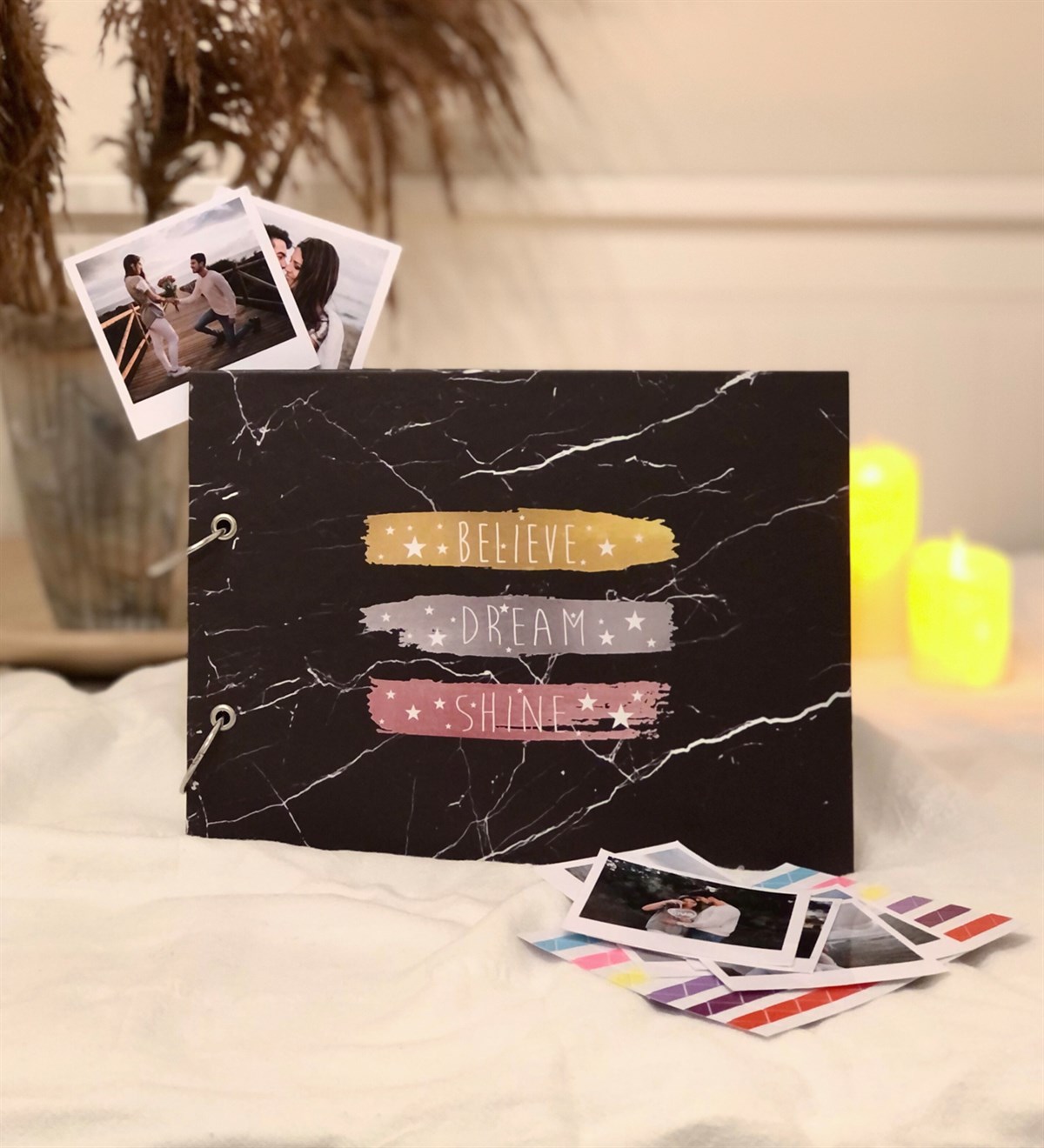 Kişiye Özel 20 Fotoğraflı Believe Dream Shine Tasarımlı Siyah Sayfa Kendin Yap Fotoğraf AlbümüGiftmodaGmab100030