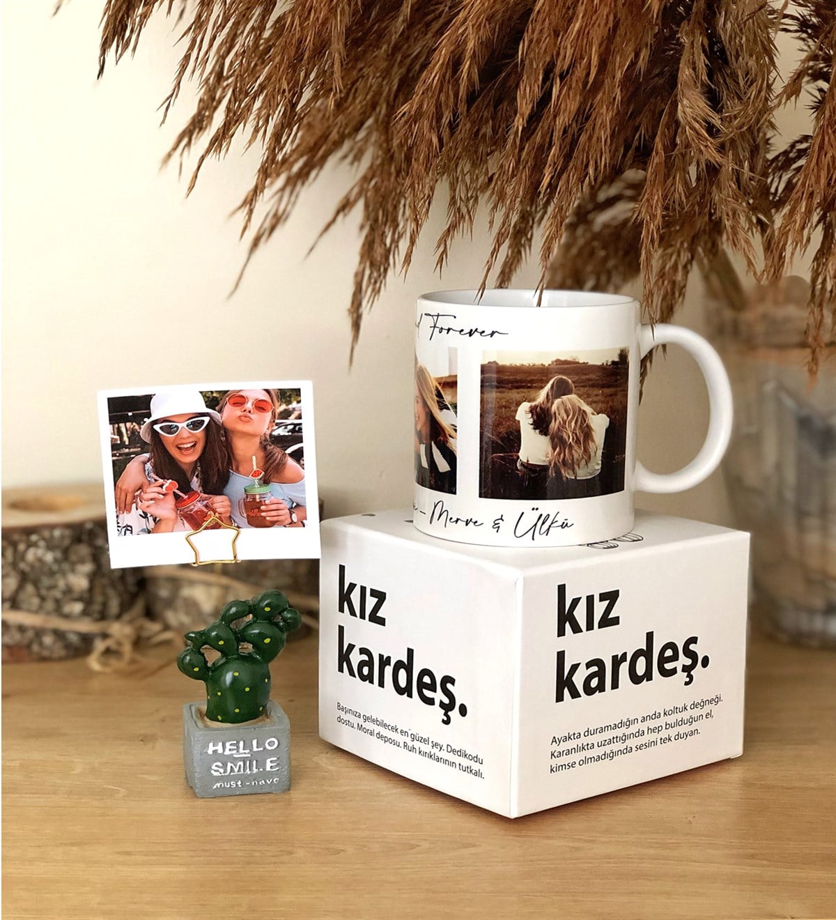 Kişiye Özel 3 Fotoğraflı Best Friends Forever Kupa ve Hello Smile Kaktüs Fotoğraf Tutucu Hediye SetiGiftmodakutulu-kupa-kaktus-not-tutucu