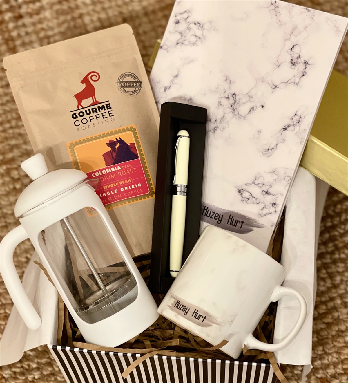 Kişiye Özel Beyaz Mermer French Press & Filtre Kahveli Sevgiliye Hediye SetiGiftmodaGmhs100187
