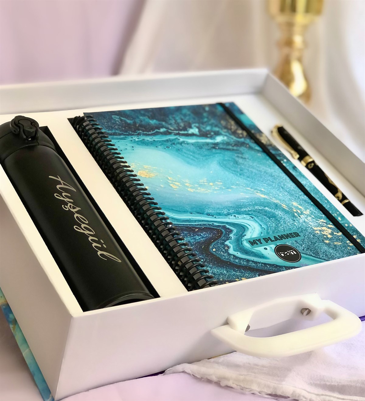 Kişiye Özel Ebruli Tasarımlı Özel Kutulu Hediye SetiGiftmoda Ebruli-Celik-MKA-K-O 