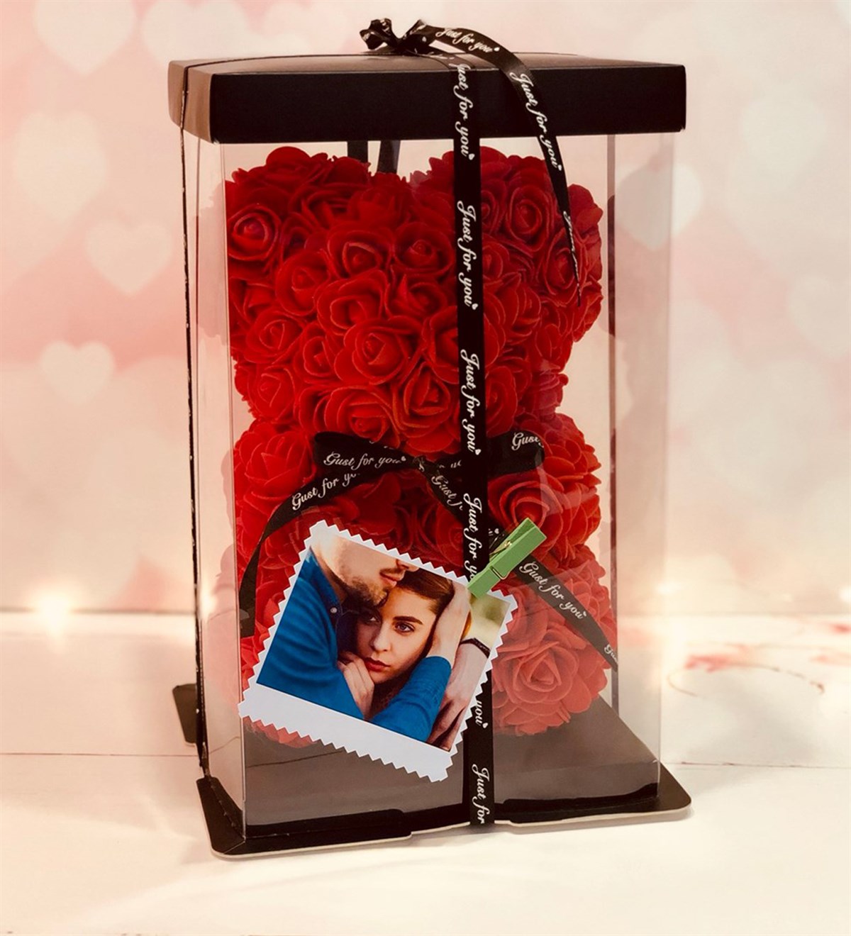 Kişiye Özel Fotoğraflı Teddy Rose Kırmızı Gül Ayıcık