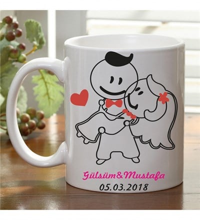 Kişiye Özel Karikatürlü Gelin Damat Kupa Bardak