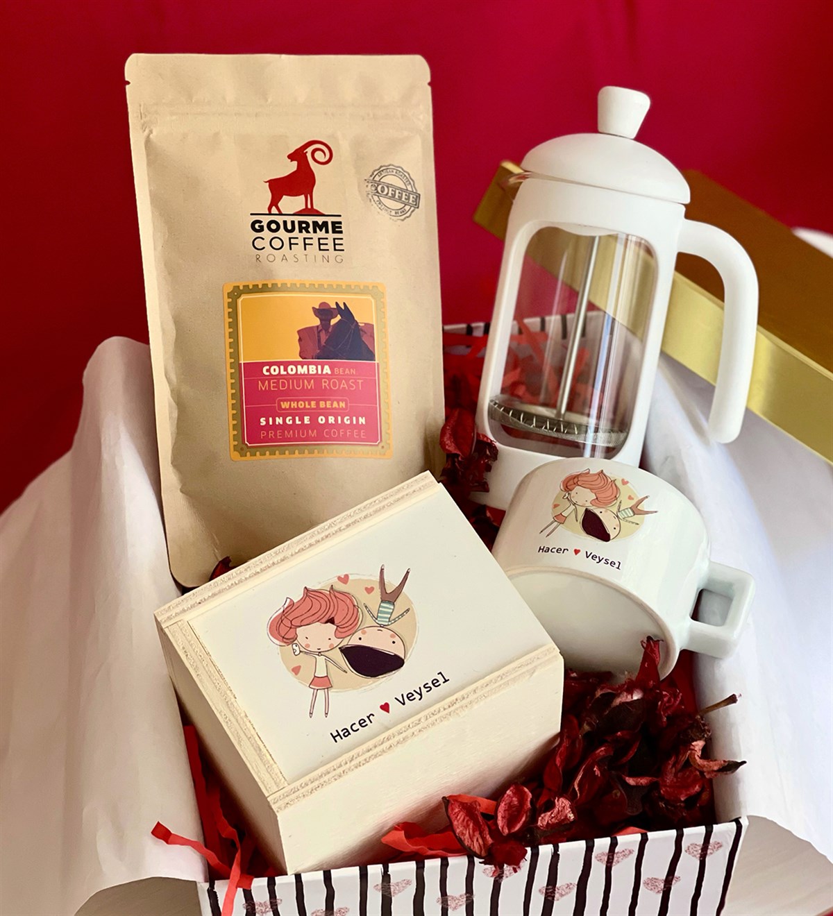 Kişiye Özel Ölümsüz Aşıklar French Press & Filtre Kahveli Sevgiliye Hediye SetiGiftmodaGmhs100173