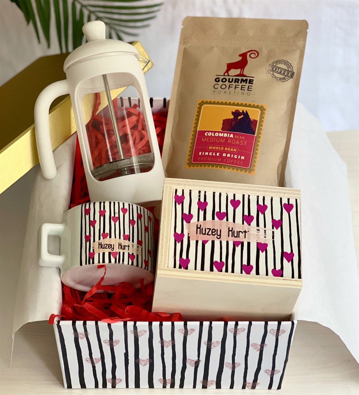 Kişiye Özel Pembe Işıltılı Kalp French Press & Filtre Kahveli Sevgiliye Hediye SetiGiftmodaGmhs100180