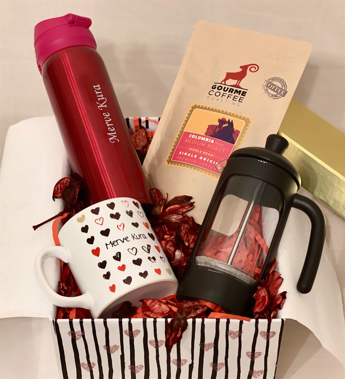 Kişiye Özel Seni Tüm Kalbimle Seviyorum French Press & Filtre Kahveli Sevgiliye Hediye SetiGiftmodaGmhs100201