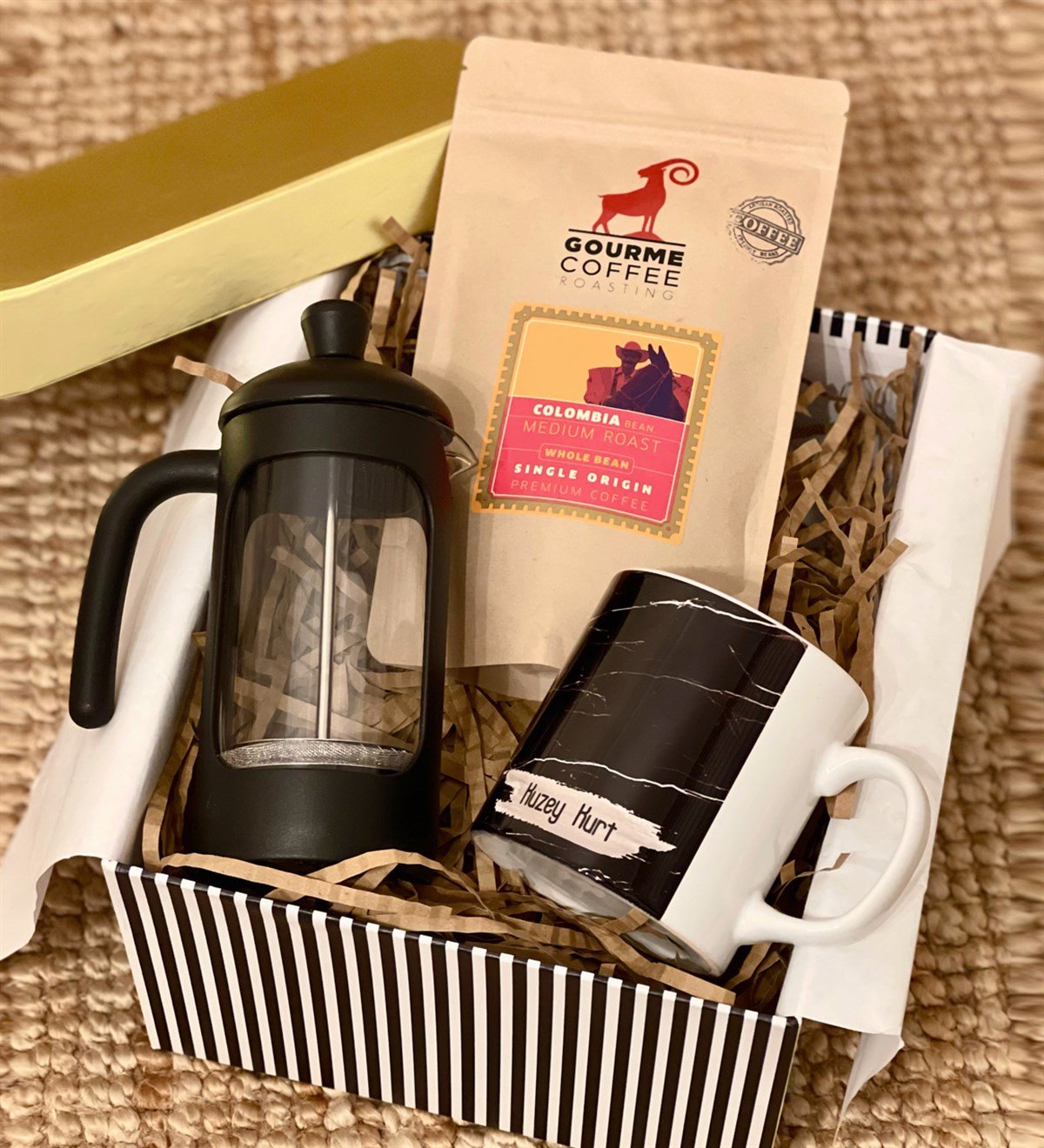 Kişiye Özel Siyah Mermer French Press & Filtre Kahveli Sevgiliye Hediye SetiGiftmodaGmhs100191