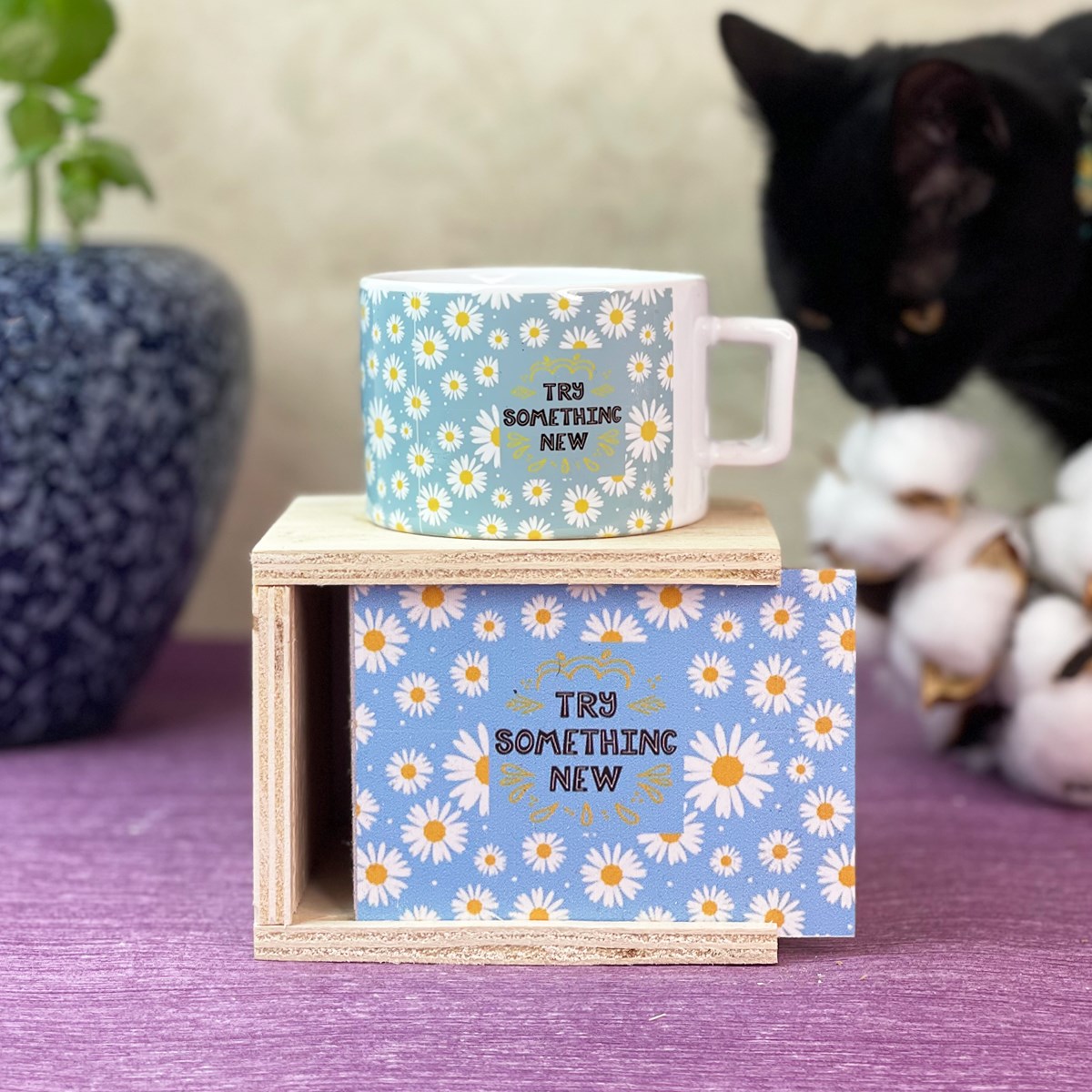 Mavi Papatya Tasarımlı Kutulu KupagiftmodaGmkp100360