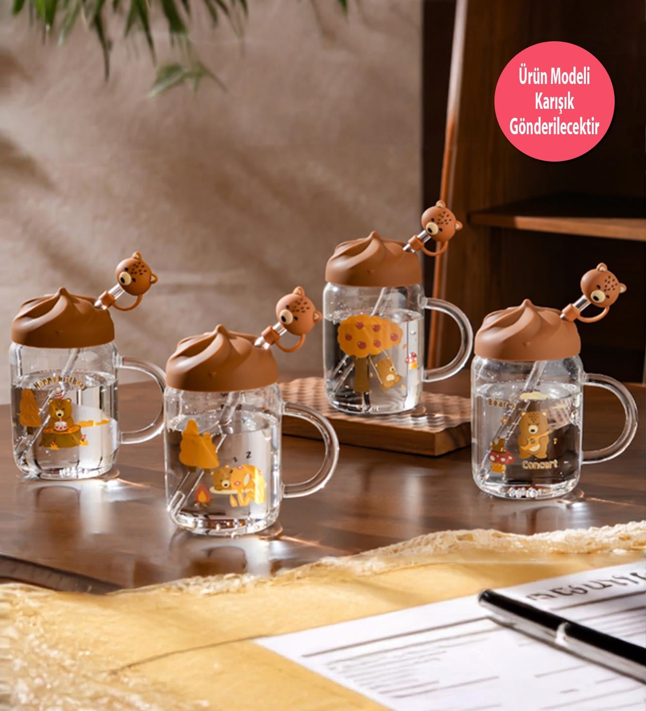 Sevimli Ayı Figürlü Silikon Kapaklı Pipetli Cam KupagiftmodaBM-1629