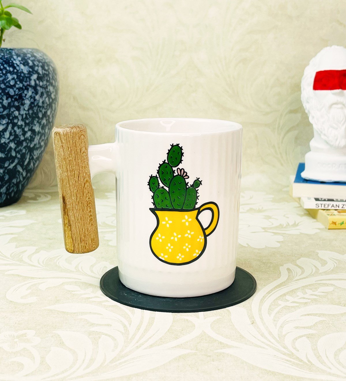 Ahşap Kulplu Mini Sarı Kaktüs Tasarımlı Seramik KupagiftmodaGmkp100326
