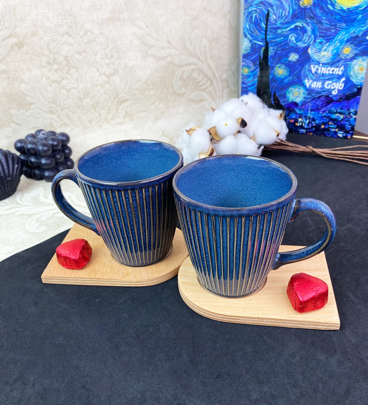 2'li Ahşap Servis Tabaklı Zümrüt Myra Kupa SetgiftmodaGmkp100578