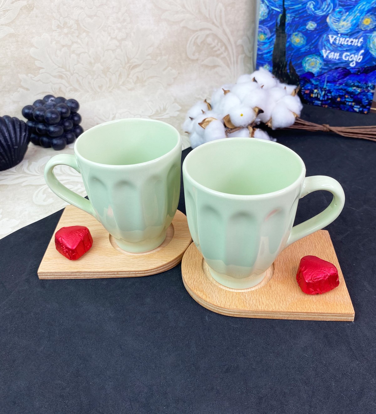 2'li Ahşap Servis Tabaklı Badem Kupa SetgiftmodaGmkp100580