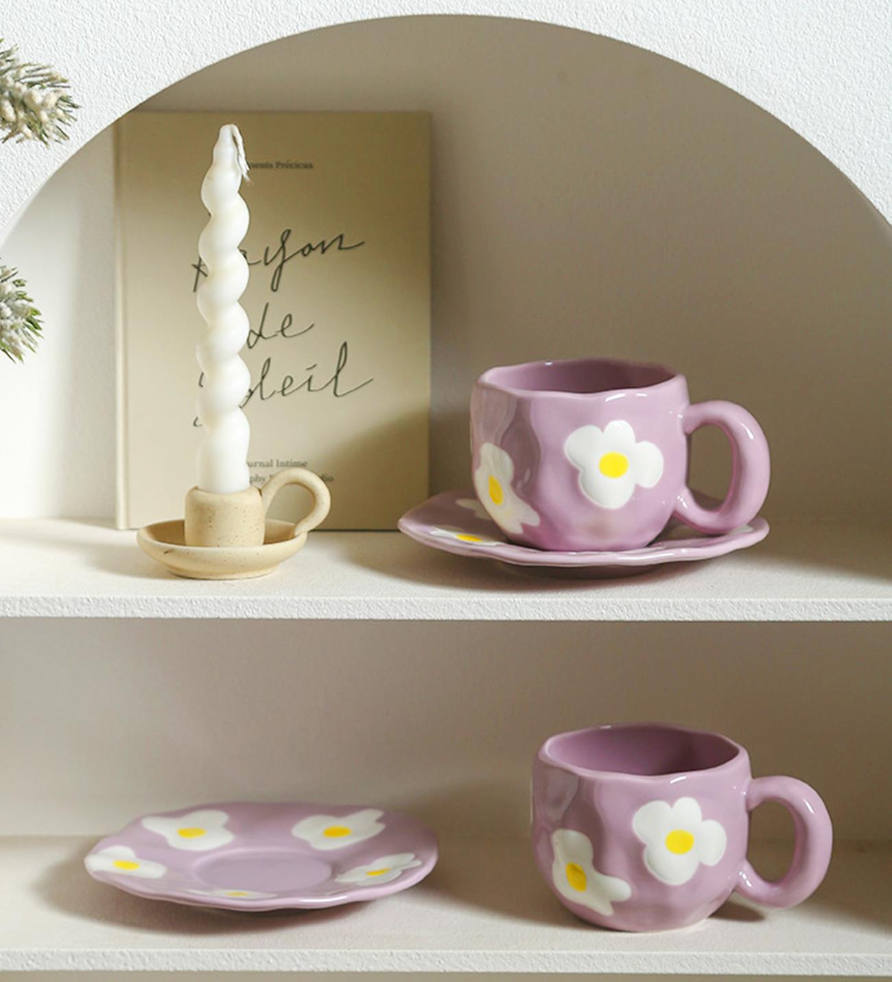 Mor Papatya Desenli Seramik Kupa & Tabak SetigiftmodaBM-2002