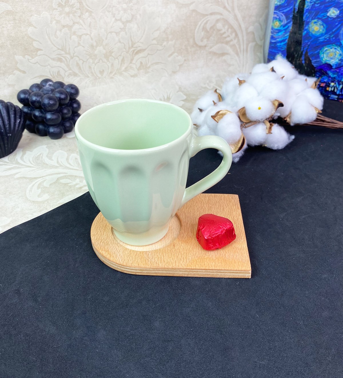 Ahşap Servis Tabaklı Badem Kupa SetgiftmodaGmkp100576