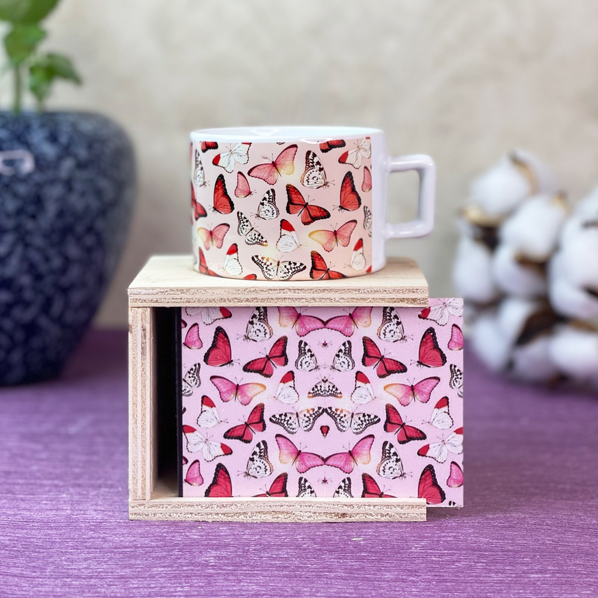 Pembe Kelebek Tasarımlı Kutulu KupagiftmodaGmkp100358