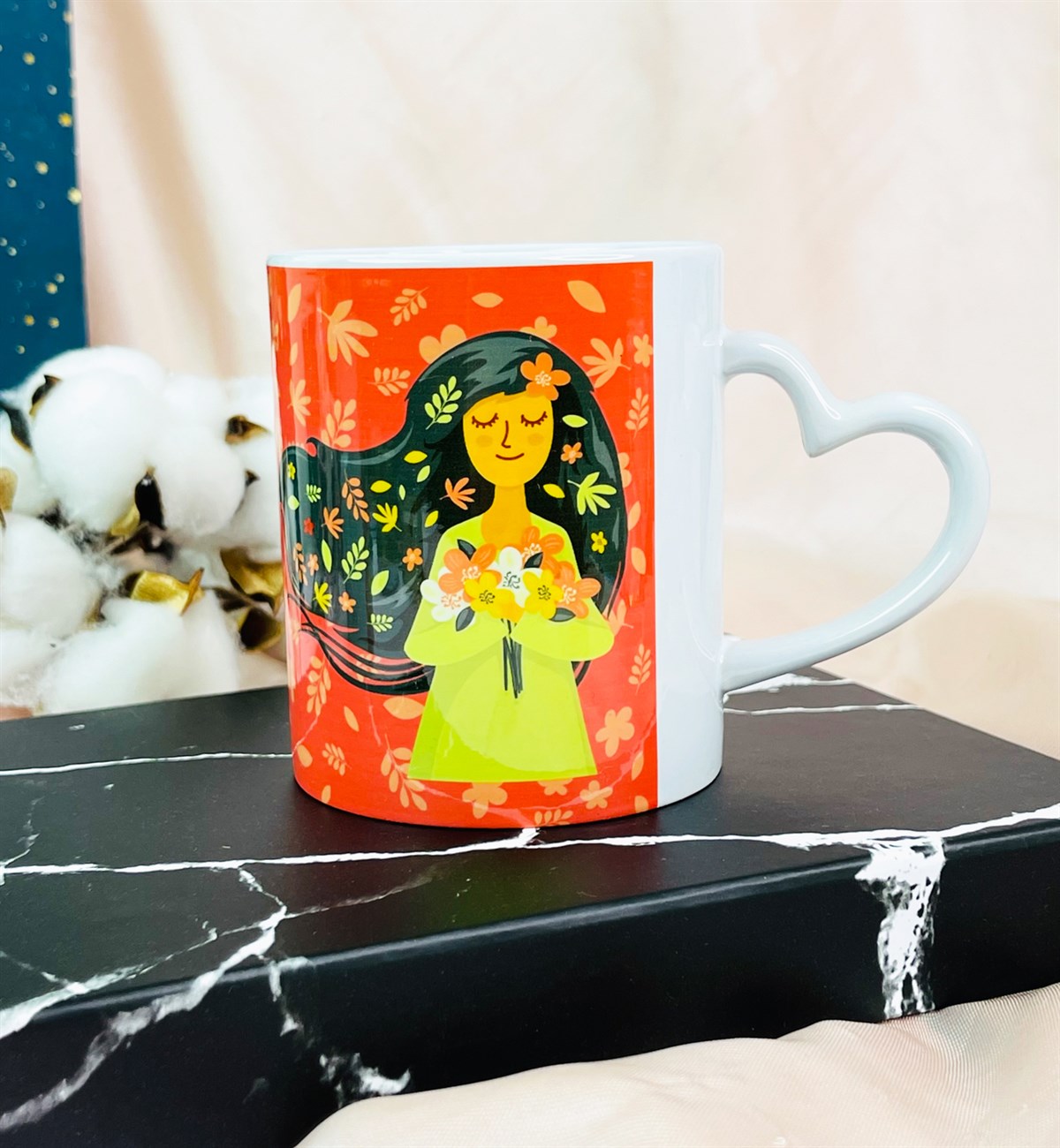 Kalp Kulplu İlkbahar Kızı Tasarımlı Kupa BardakgiftmodaGmkp100441