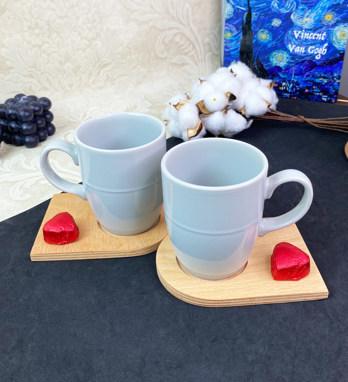 2'li Ahşap Servis Tabaklı Gri Bulut Kupa SetgiftmodaGmkp100577