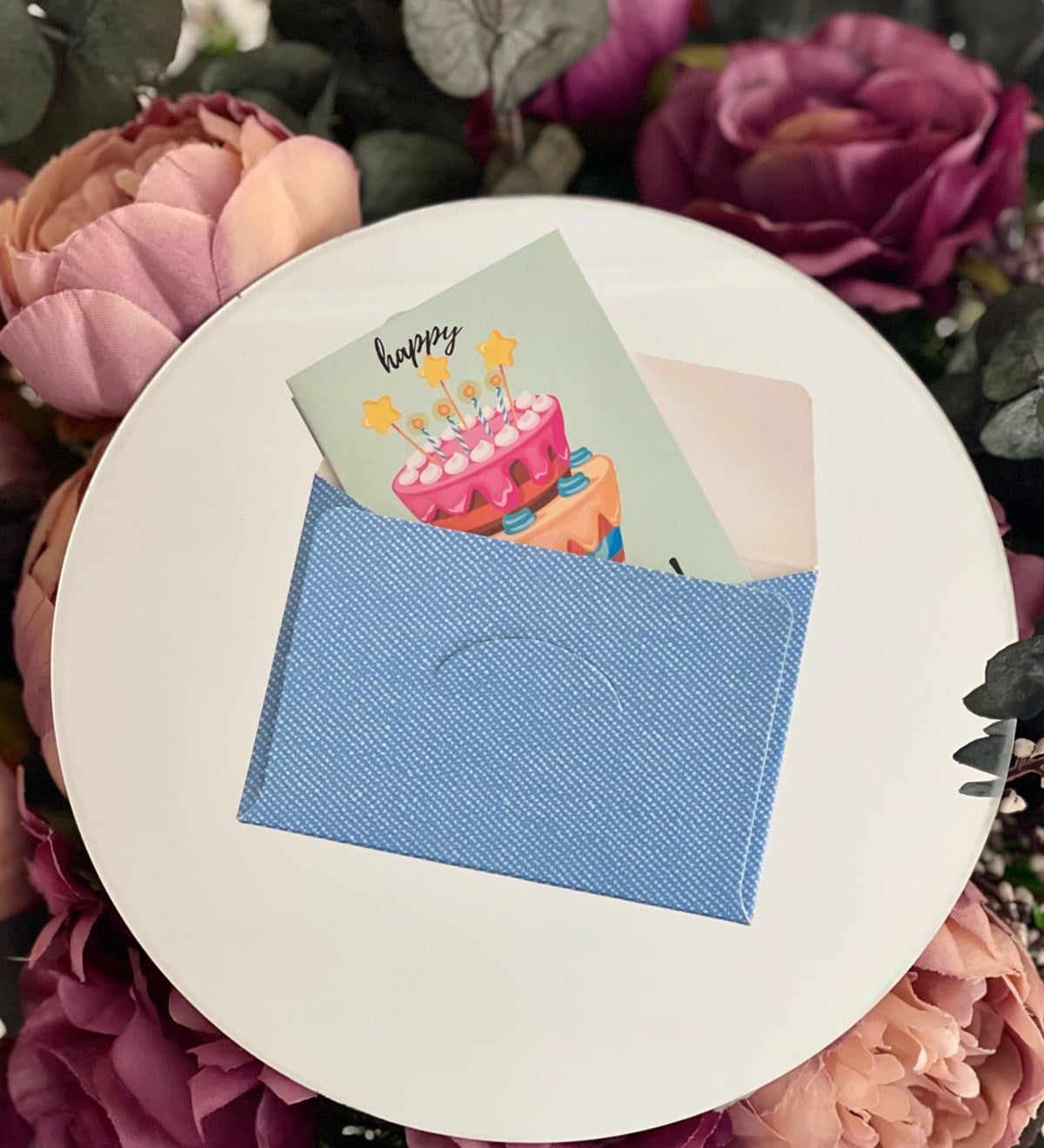 Yesil Happy Birthday Tasarımlı Mavi Beyaz Zarflı Mesaj KartıgiftmodaGmmsj00018