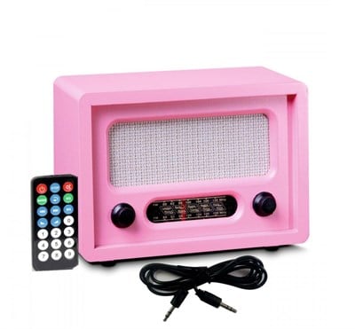 Nostaljik Görünümlü Ahşap Pembe Radyo ve Özel Tasarım Panda Seti