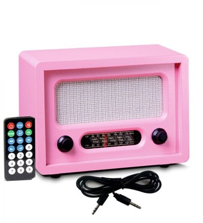 Nostaljik Görünümlü Ahşap Radyo Pembe