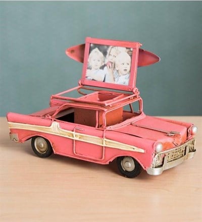 Nostaljik Metal Fotoğraf Çerçeveli Kalemlikli Chevrolet Pembe