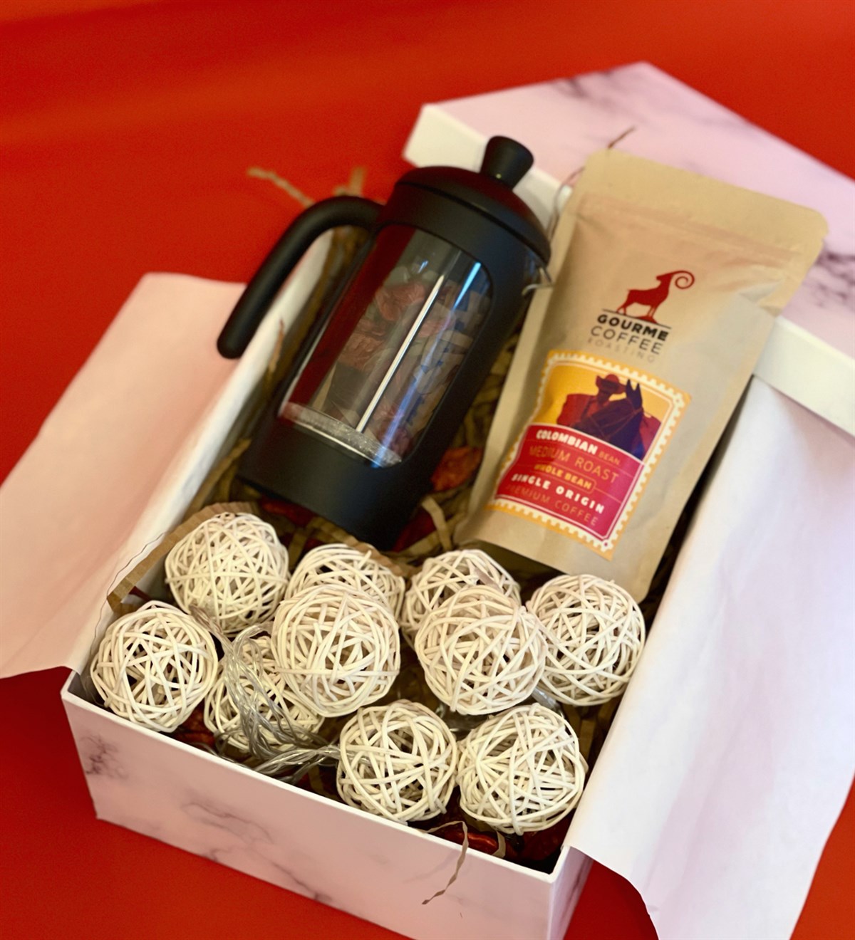 Özel Kutulu French Press Filtre Kahve Ve Hasır Led Sevgiliye Hediye SetiGiftmodaGmhs100368