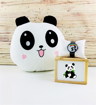 Sevimli Panda Yastık Ve Saat Tasarım Hediye Seti