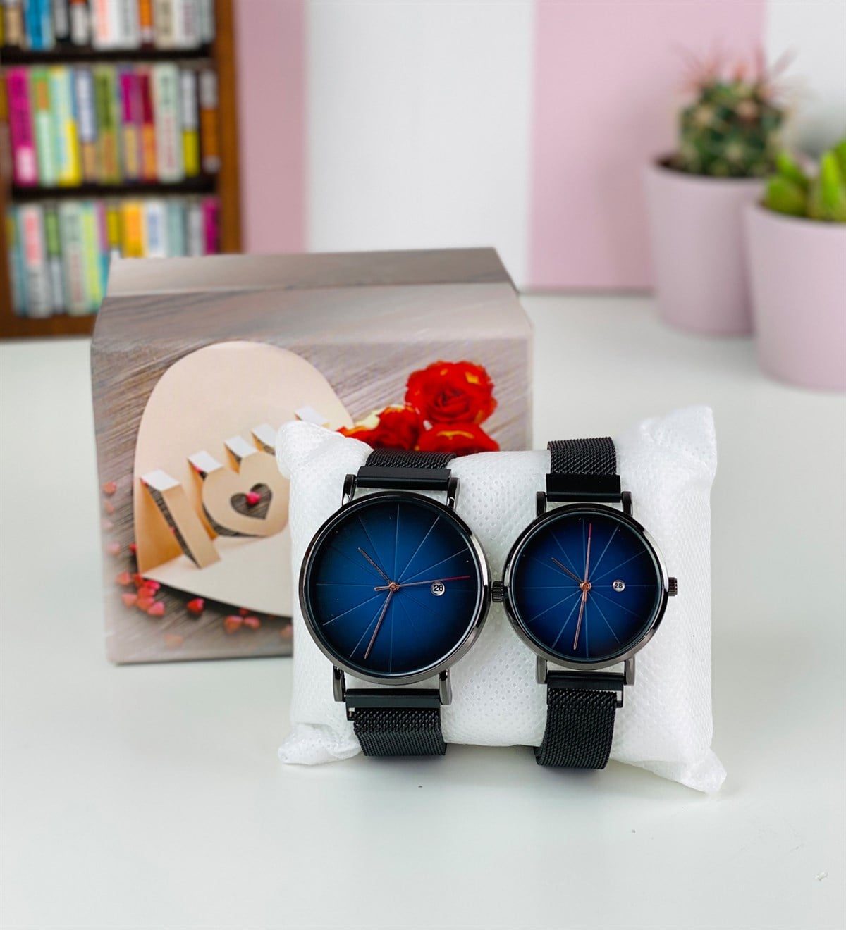 Siyah Hasır Kordonlu Koyu Mavi Çift SaatiGiftmodaSiyah-Kordon-Koyu-Mavi-İç