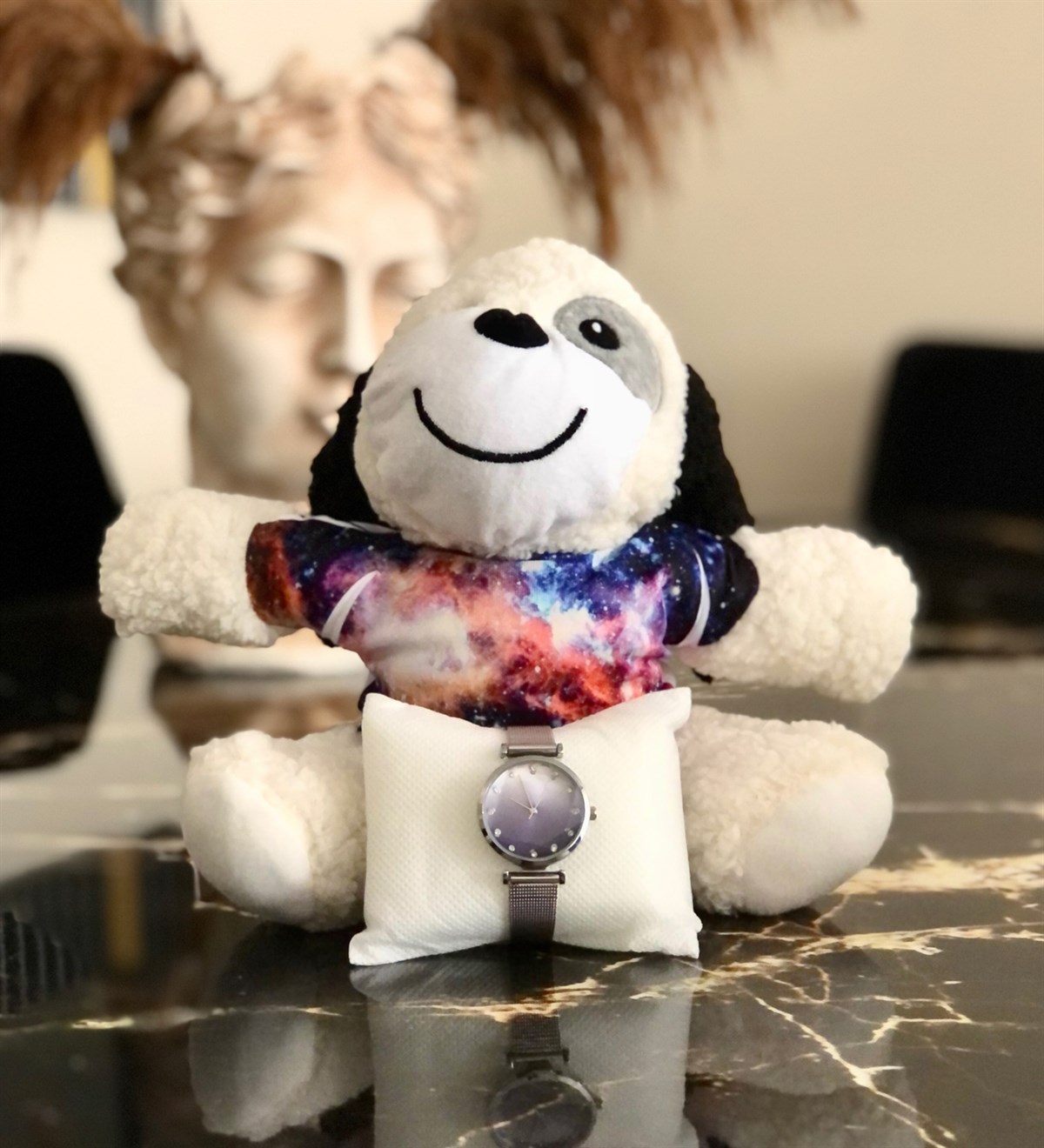 Space Tasarımlı Ayıcık Ve Hasır Kordonlu Elmas Detaylı Transparanlı Saat GiftmodaSpace-Pelus-Elmas-Saat