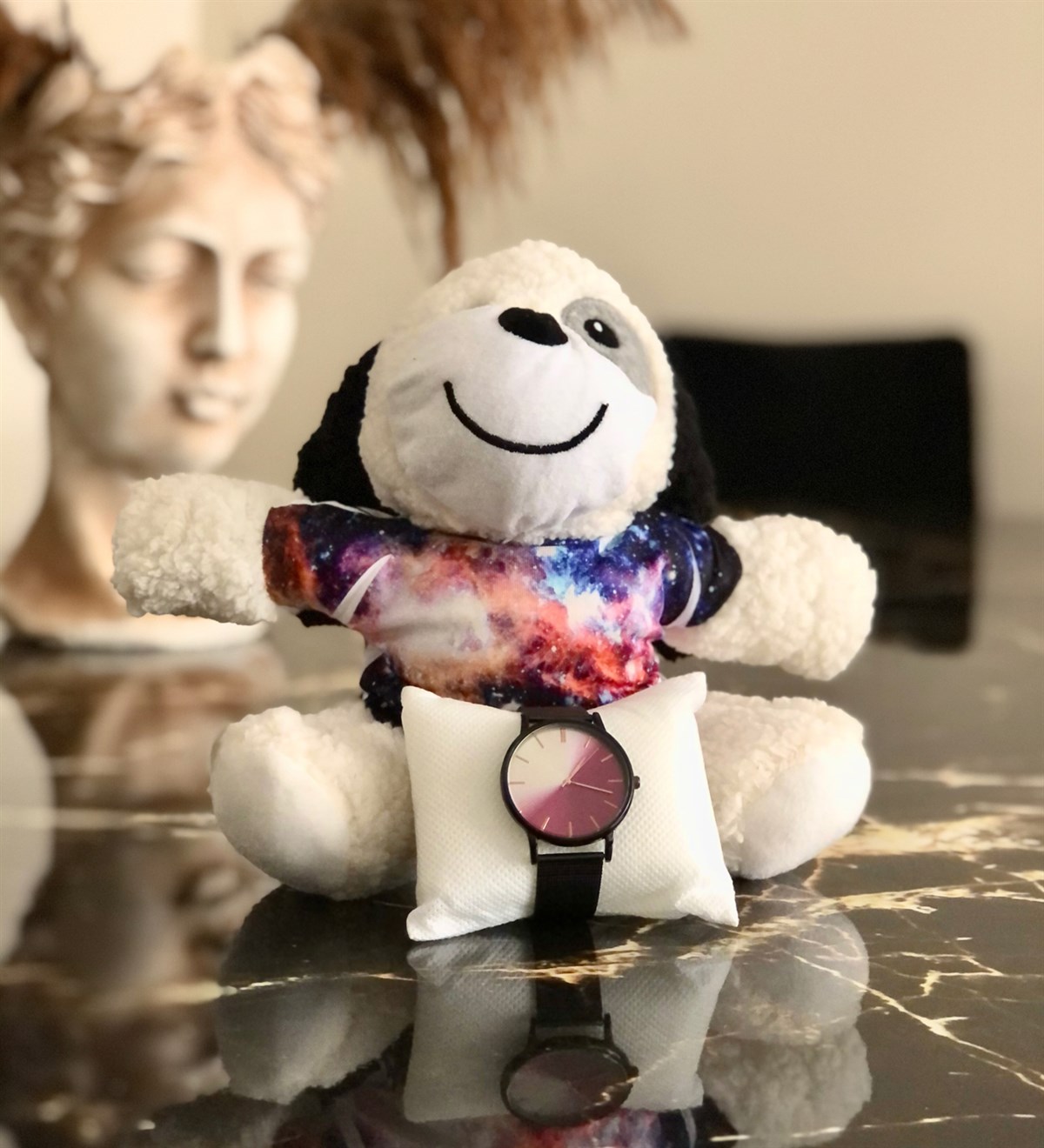 Space Tasarımlı Köpekcik Ve Siyah Hasır Kordonlu Mor Beyaz Transparan Renkli SaatGiftmodaSpace-Pelus-Siya-Kordon-Mor-Beyaz-Saat
