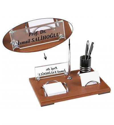 Taba Renk Deri Ofis Masa Üstü İsimlik Seti