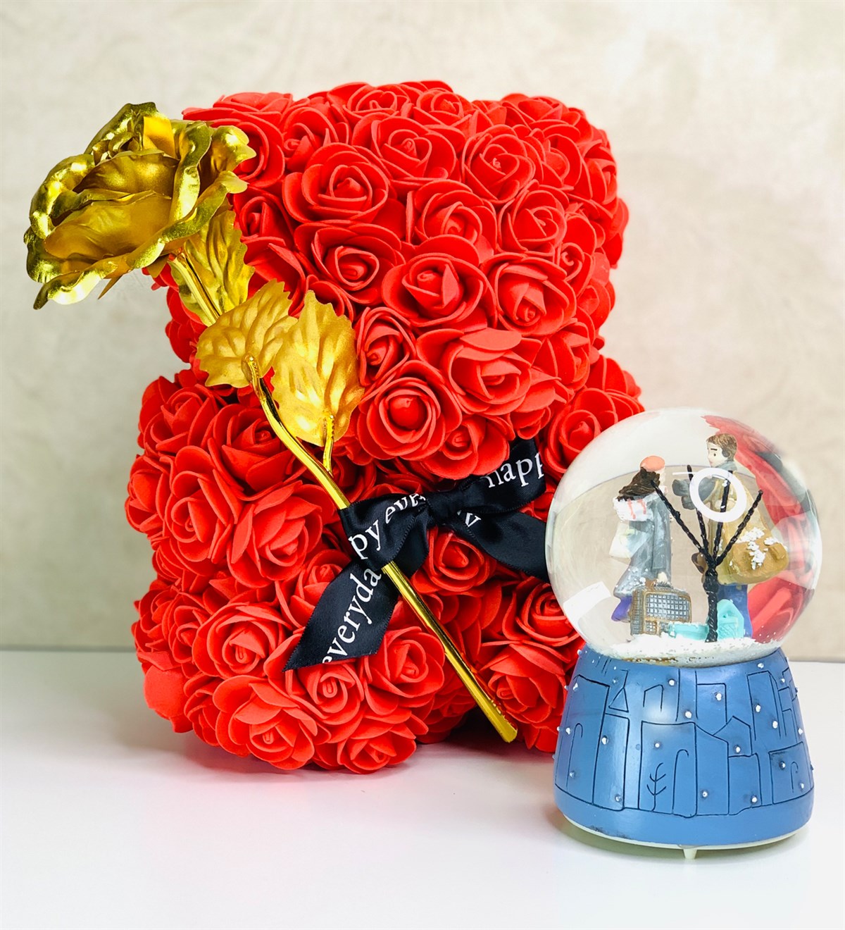 Teddy Rose Bear Ayıcık Altın Gül Ve Romantik Sonbahar Orta Boy Kar KüresiGiftmodateddy-rose-altın-gül-1502