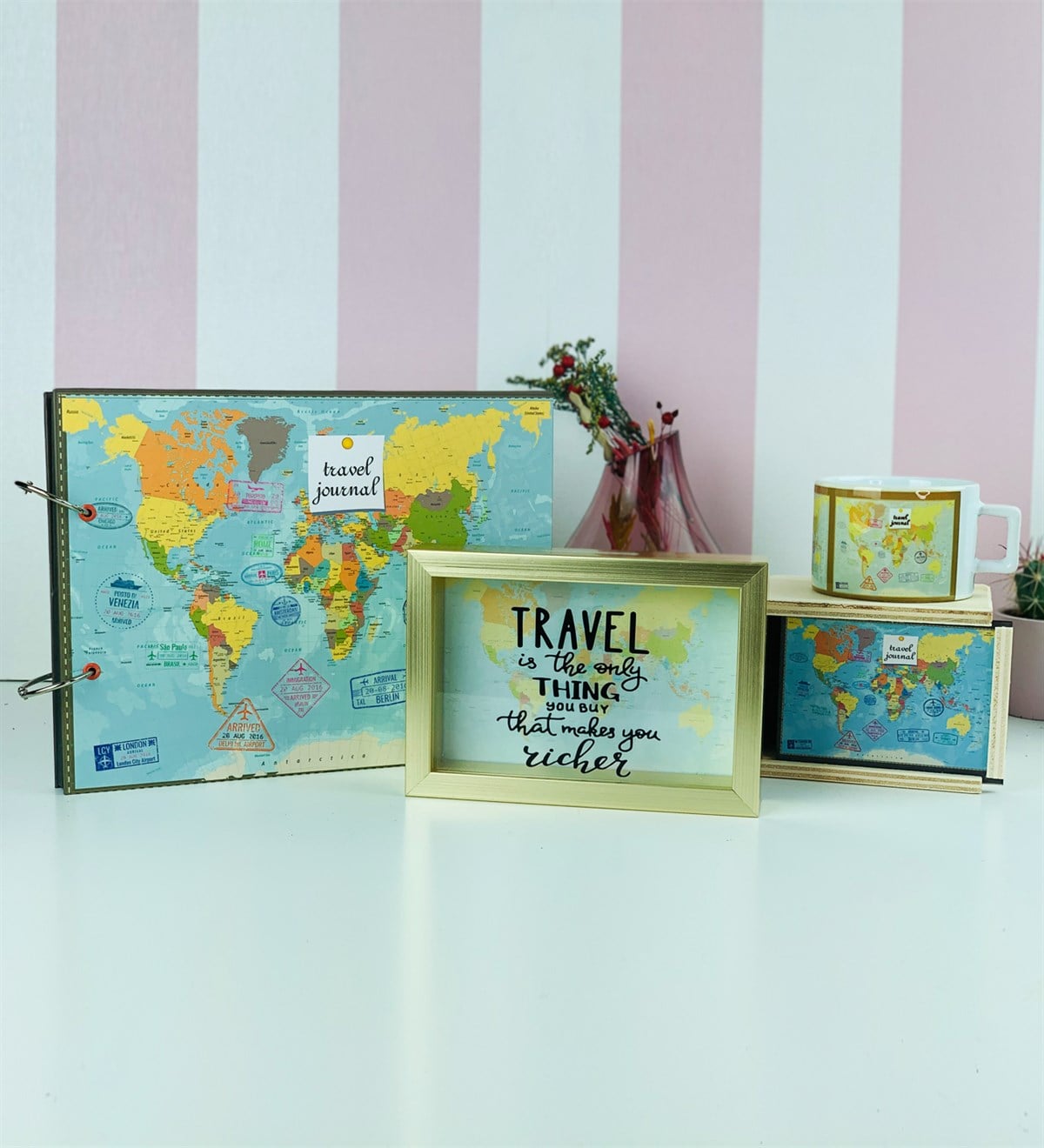 Travel Journel Tasarımlı Kumbara  Albüm Ve Kutulu Kupa SetGiftmodaGm-Set-119