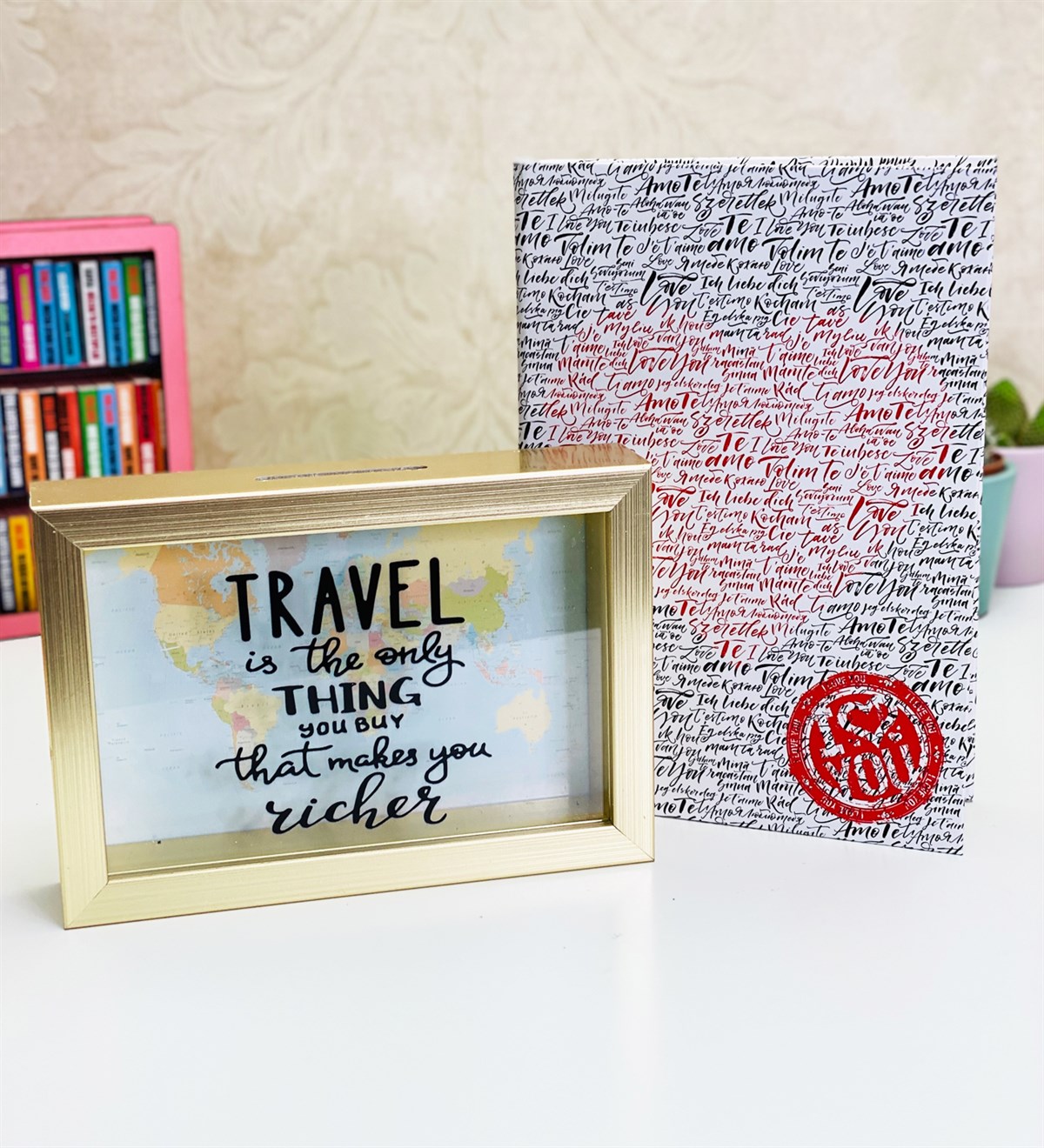 Travel Journel Tasarımlı Kumbara Ve Her Dilde Seni Seviyorum Lastikli DefterGiftmodaGM-2140-100-Dilde-Defter-Set
