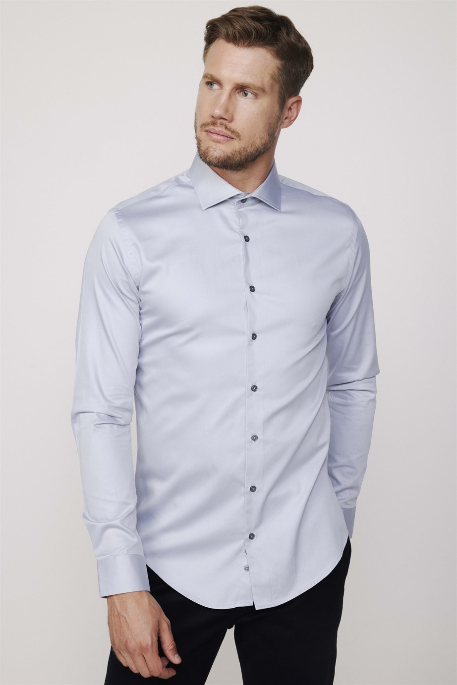 Slim Fit Koton Saten Premium Seri Erkek Gri Gömlek