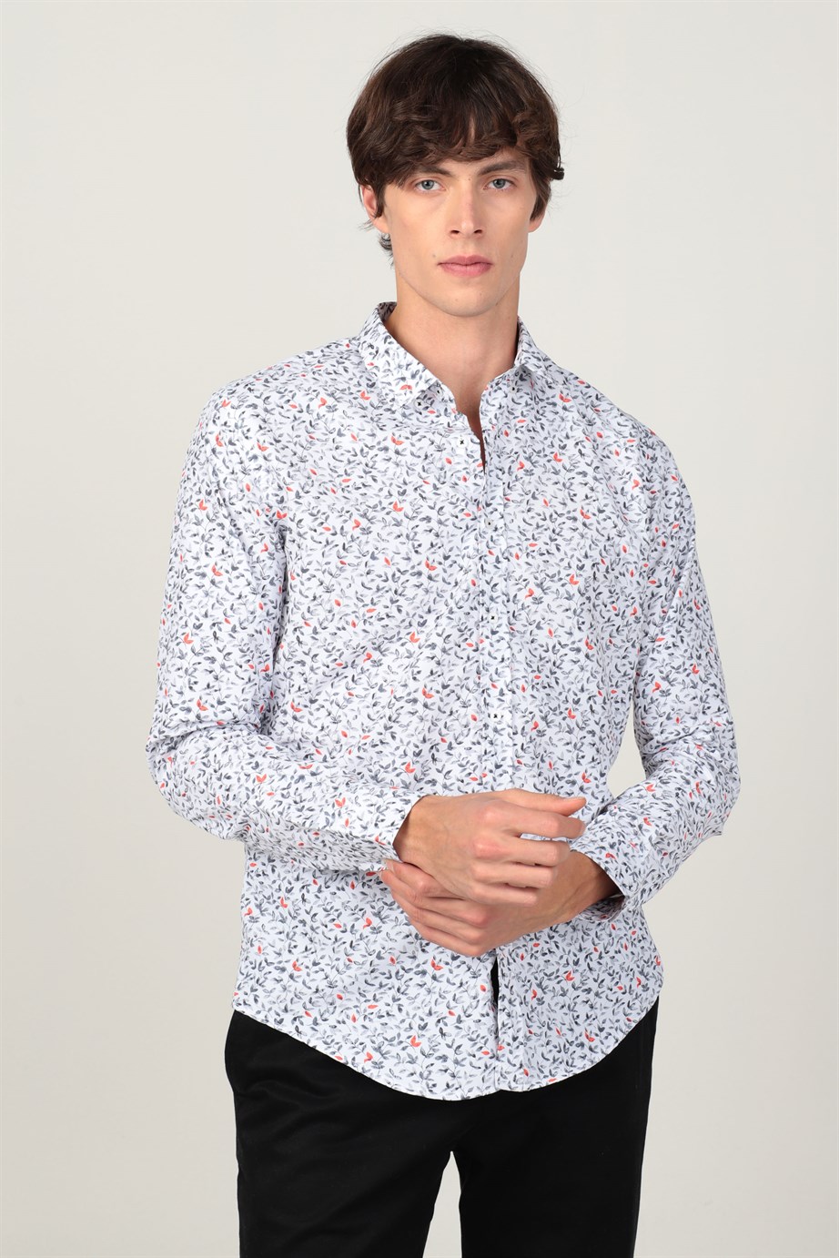 Slim Fit Uzun Kol Baskılı Desenli Yaka Düğmeli Erkek Gömlek