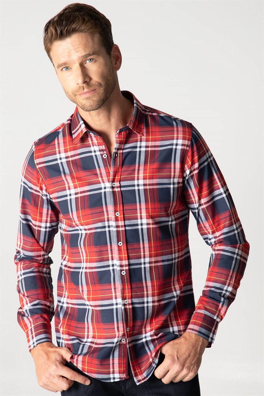 Slim Fit Uzun Kol Kareli Garnili Erkek Gömlek