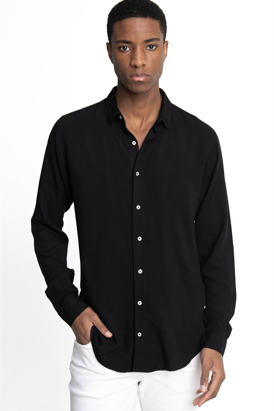 Slim Fit Dar Kesim Uzun Kol Dökümlü Viskon Şık Erkek Gömlek
