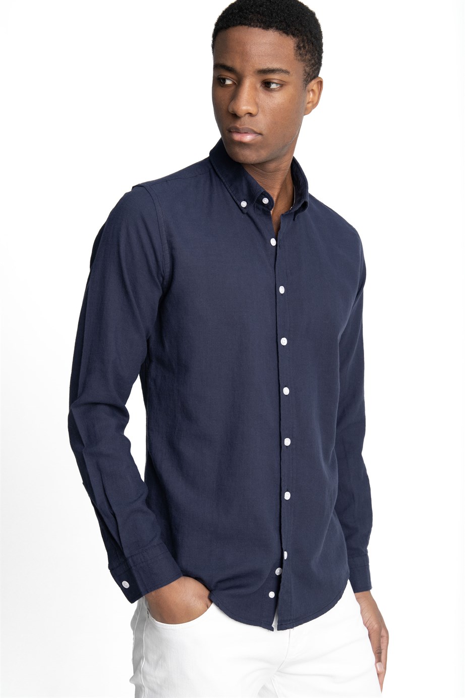 Slim Fit Uzun Kol Biyeli Yaka Düğmeli Keten Erkek Gömlek