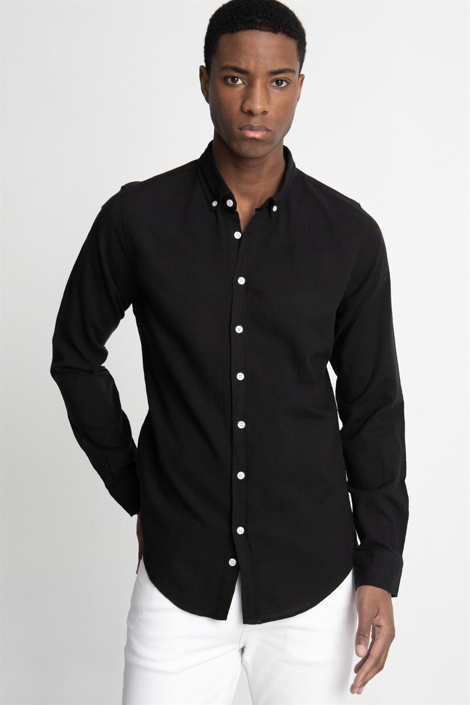 Slim Fit Uzun Kol Biyeli Yaka Düğmeli Keten Erkek Gömlek