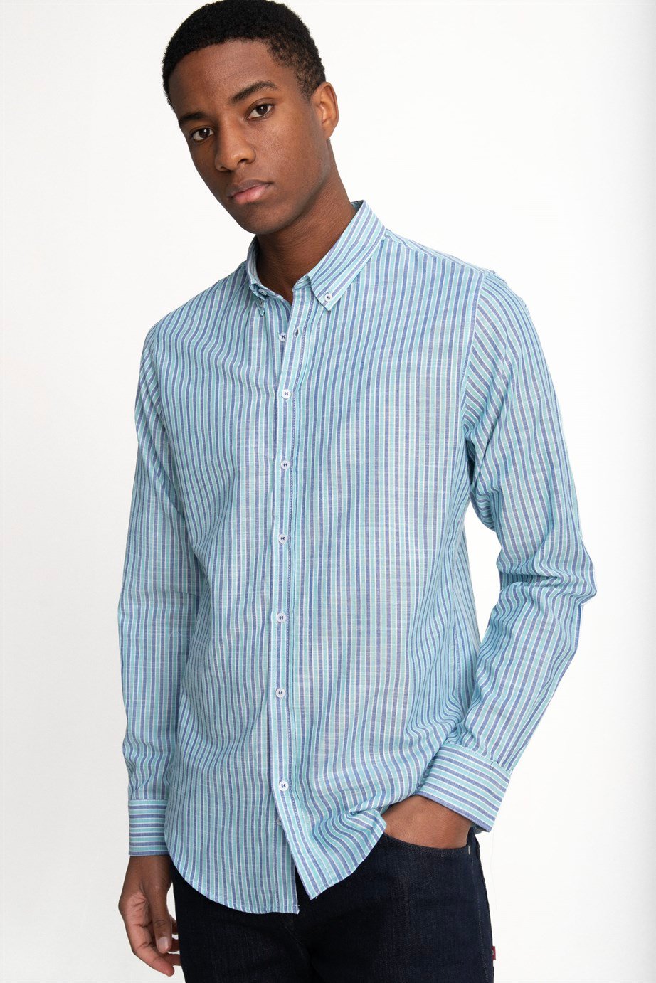 SLIM FIT LONG SLV STRIPE LINEN GENCO GÖMLEK