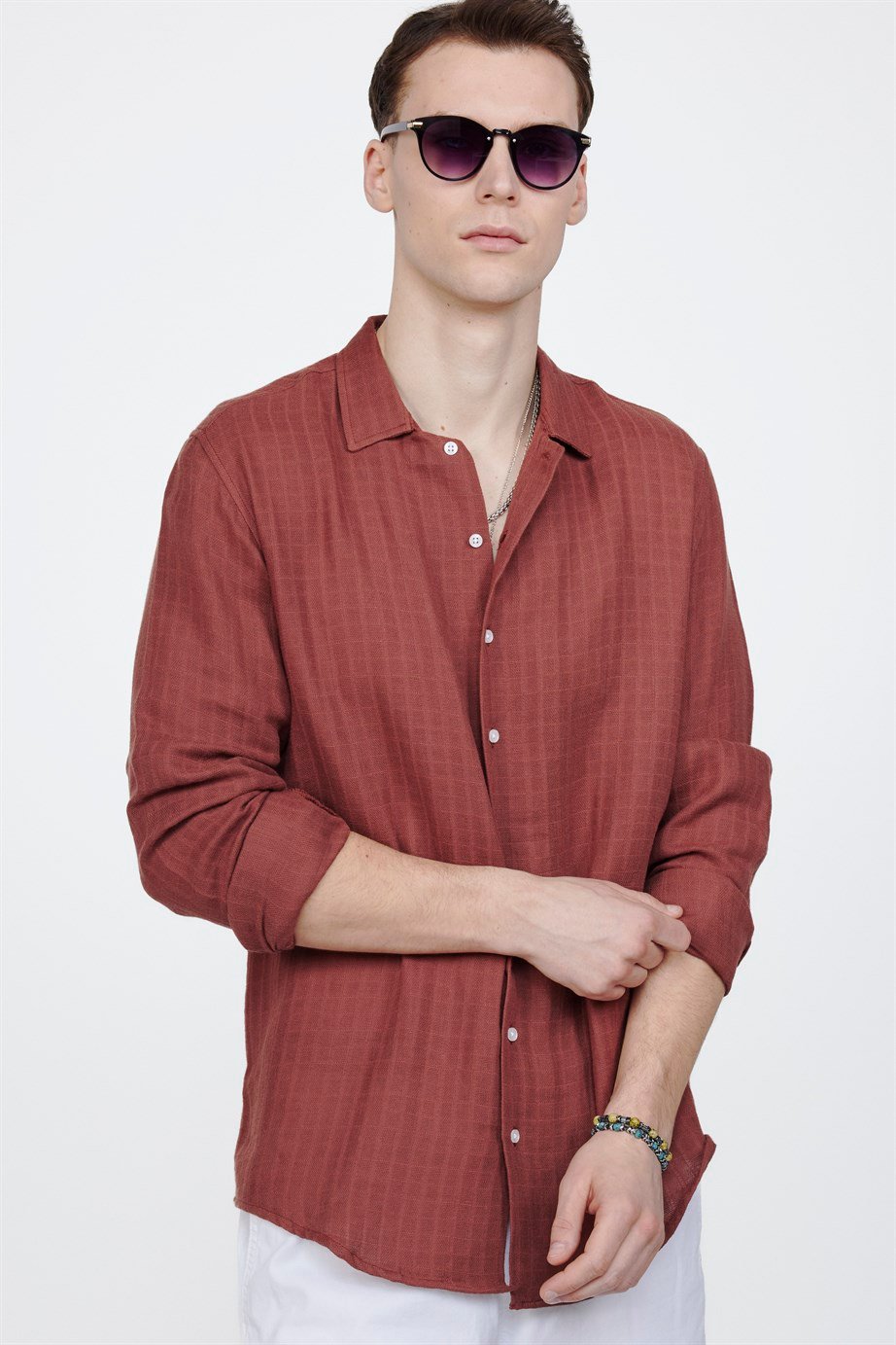 Slim Fit Uzun Kol Desenli Müslim Kumaş Apaj Yaka Gömlek