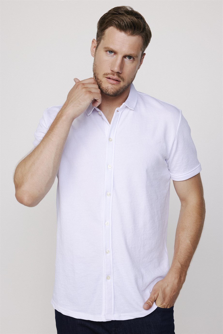 Erkek Slim Fit Kısa Kollu Desenli  Örme  Gömlek