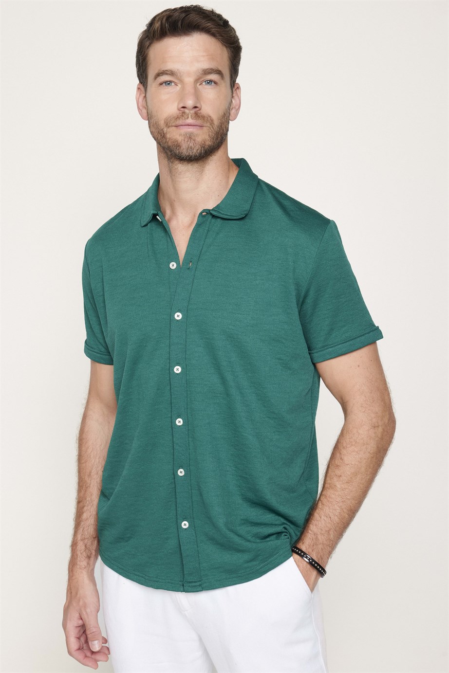 Erkek Slim Fit Kısa Kollu Desenli Örme Yeşil Gömlek