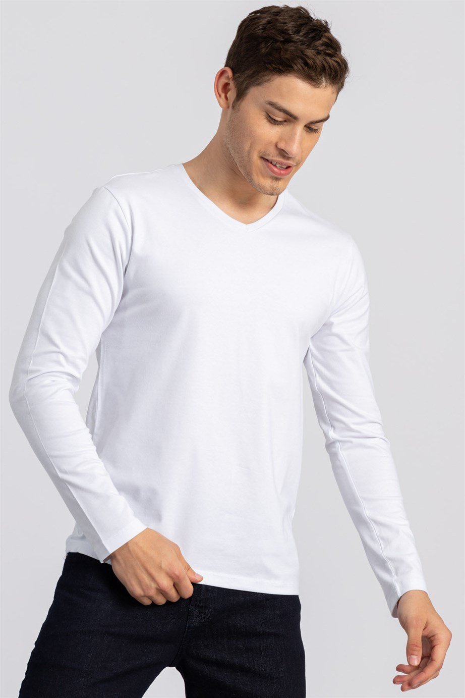 LONG SLV PLAIN V-NECK   T-SHIRT 90/1 SLIM FIT T-SHIRT