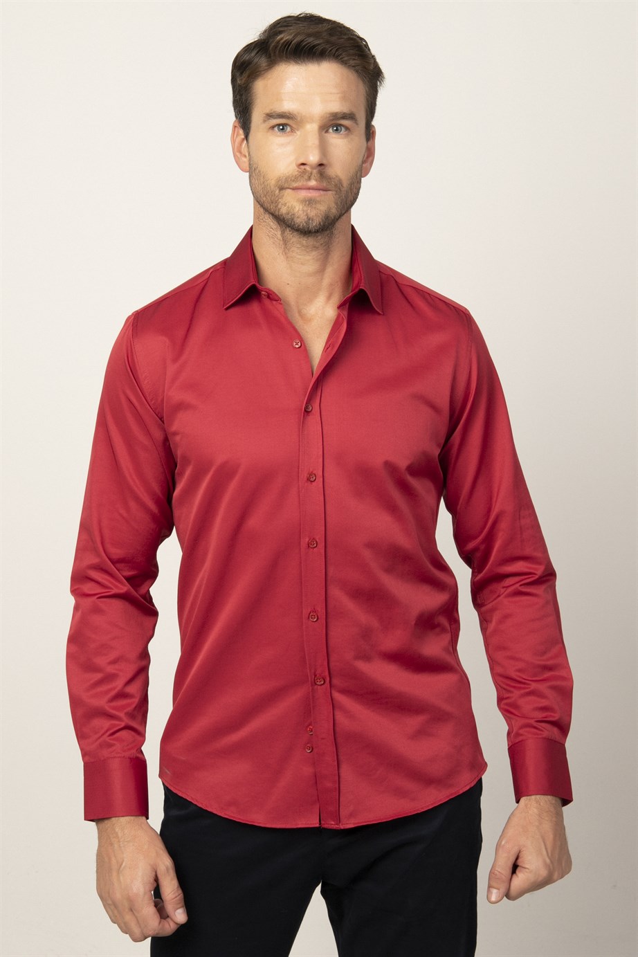 Modern Slim Fit Düz Saten Erkek Gömlek