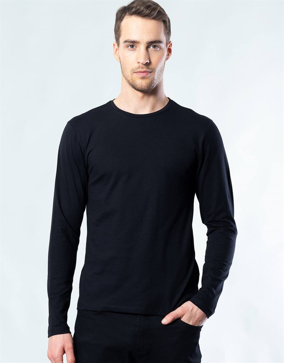 Siyah Bisiklet Yaka Uzun Kol T-Shirt