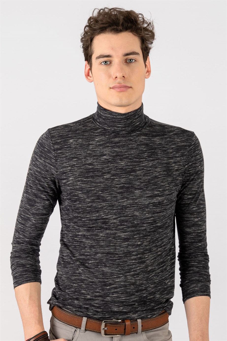 Slim Fit Dar Kesim Tam Balıkçı Yaka Desenli İnce Erkek Sweatshirt