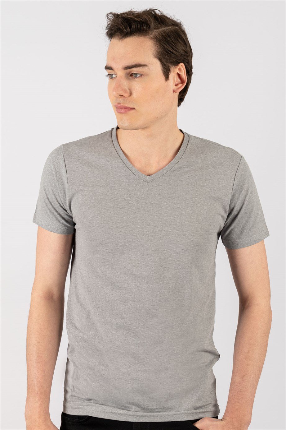 Slim Fit Dar Kesim V Yaka Oxford Erkek T-Shirt
