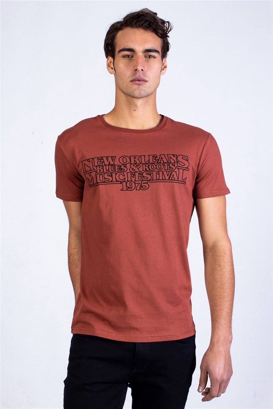 Slim Fit Dar Kesim Bisiklet Yaka Baskılı Erkek T-Shirt